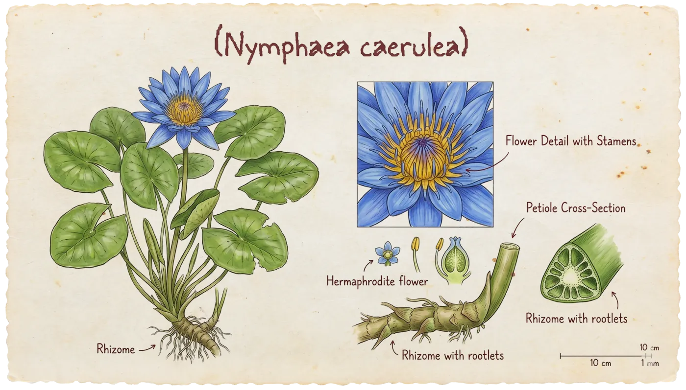 Botanical plate of Blue Lotus (Nymphaea caerulea)