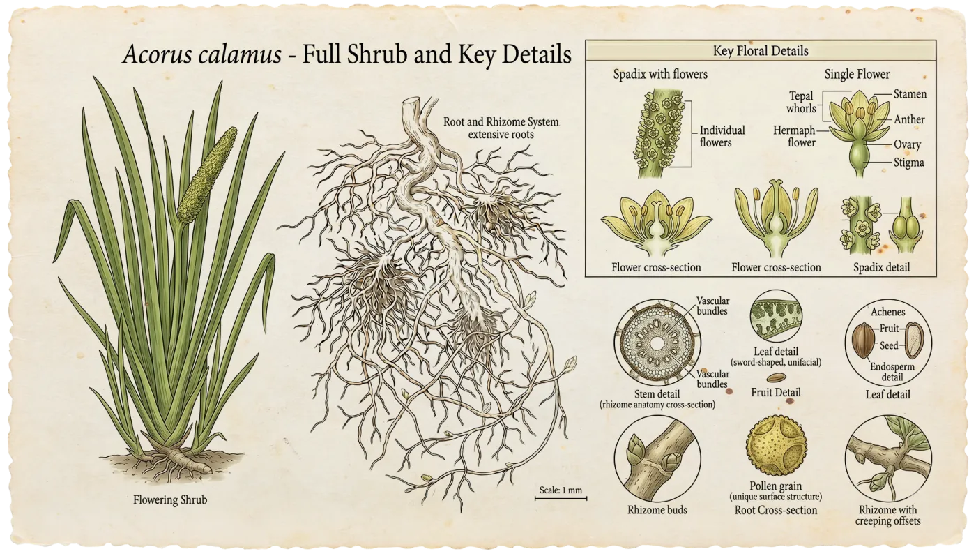 Botanical plate of Calamus (Acorus calamus)