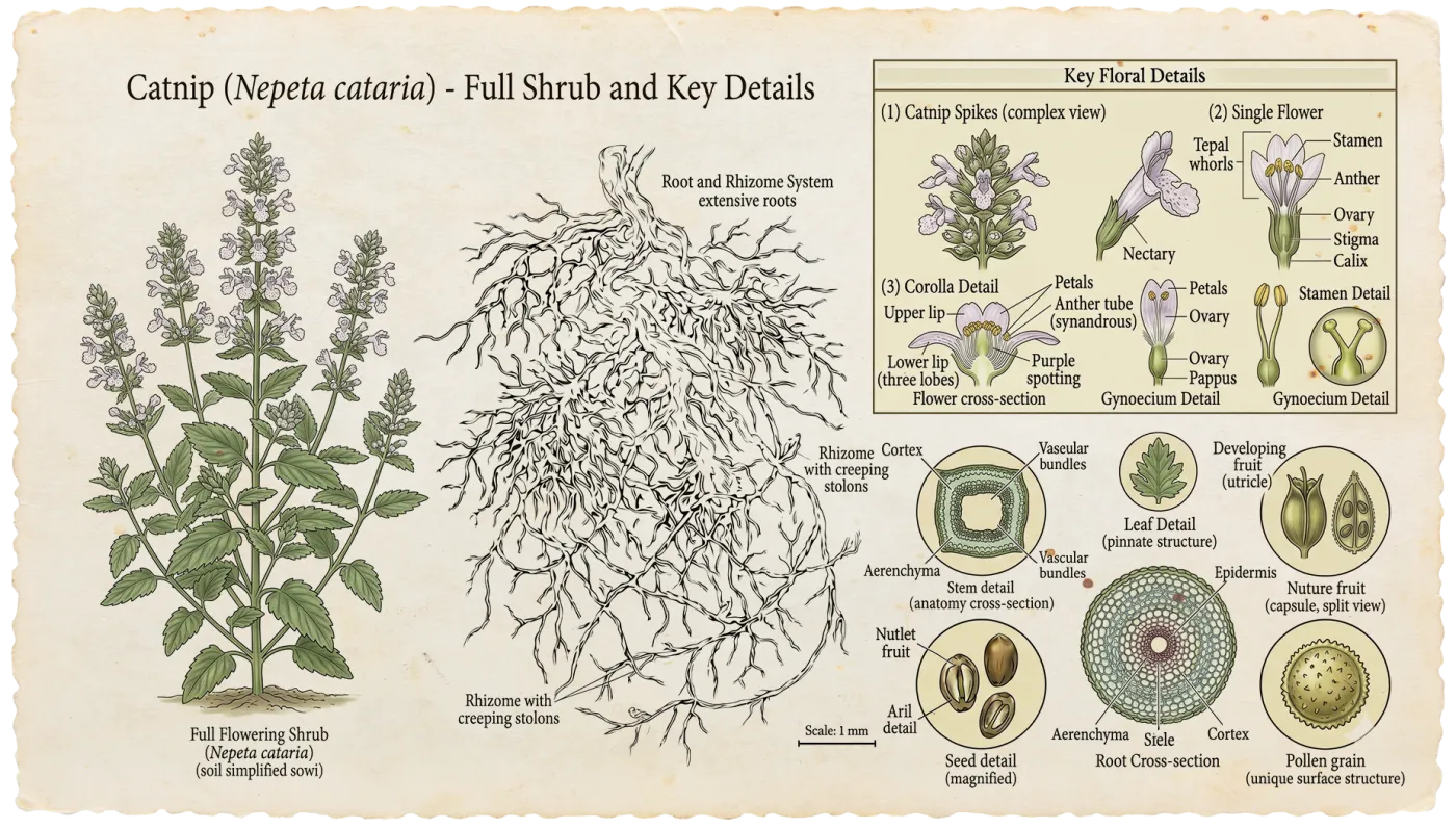 Botanical plate of Catnip (Nepeta cataria)