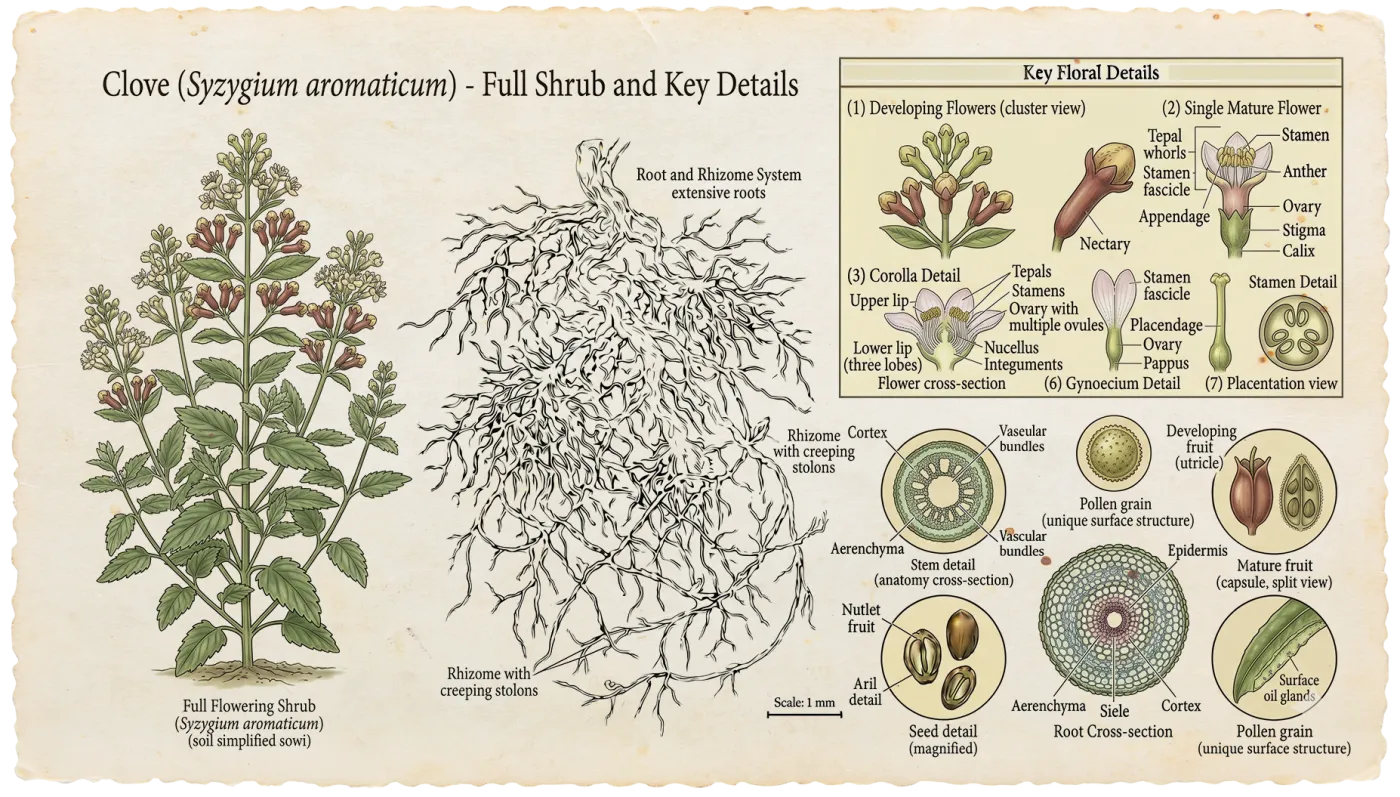 Botanical plate of Clove (Syzygium aromaticum)