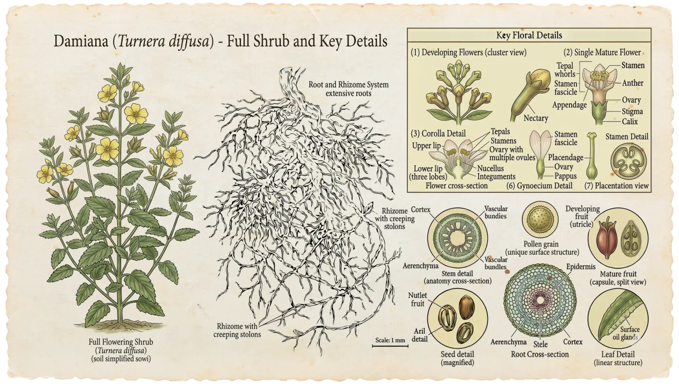 Botanical plate of Damiana (Turnera diffusa)