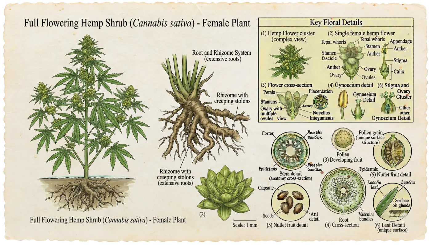 Botanical plate of Hemp Flower (Cannabis sativa)
