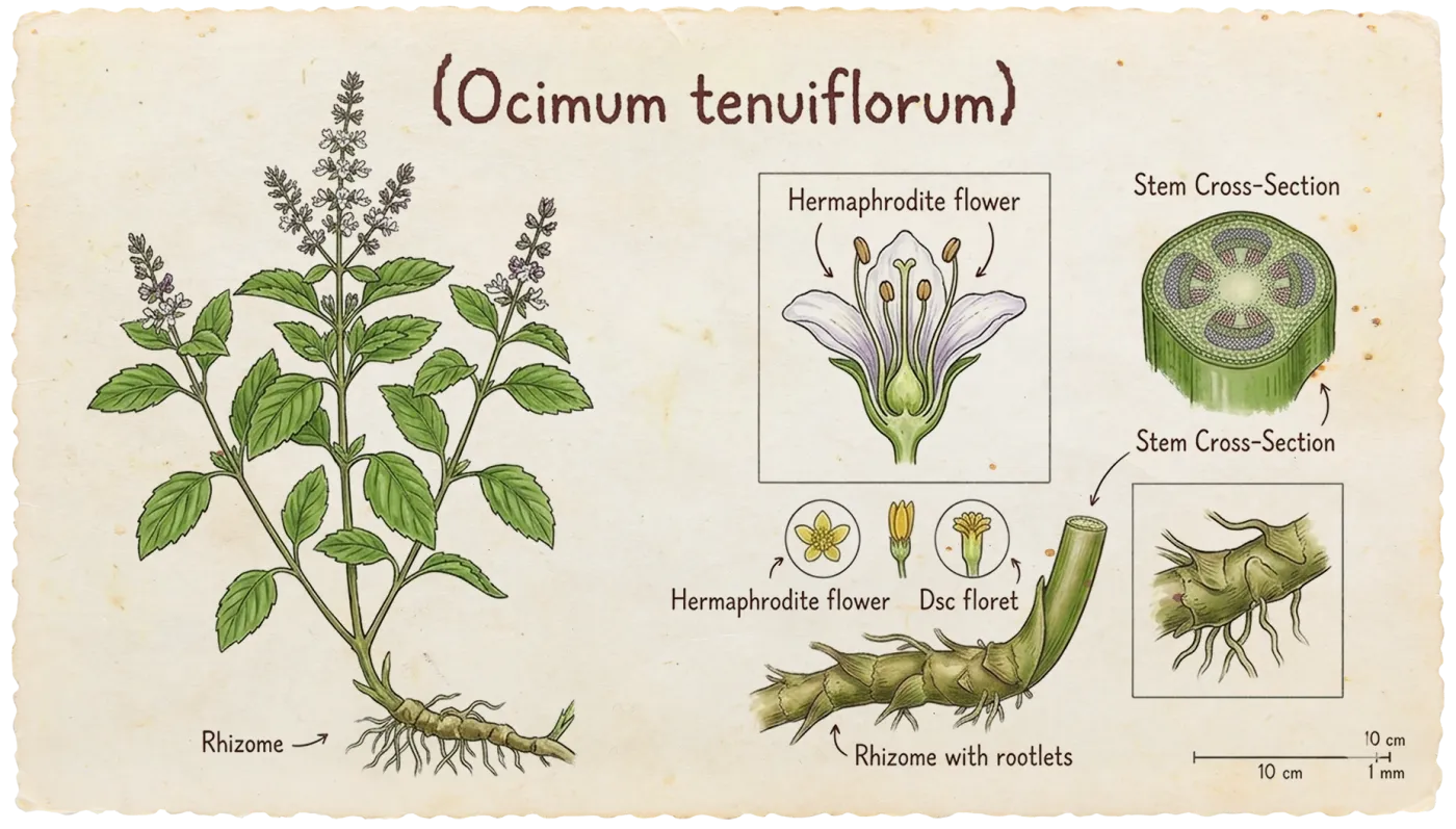 Botanical plate of Holy Basil (Ocimum tenuiflorum)