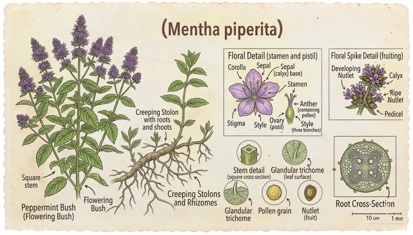 Botanical plate of Peppermint (Mentha × piperita)