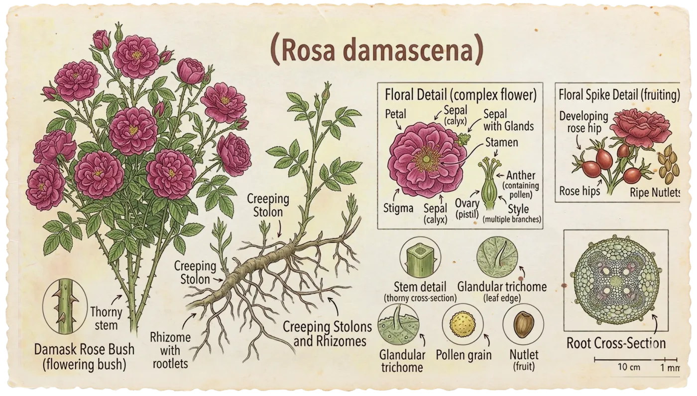 Botanical plate of Rose Petals (Rosa damascena)