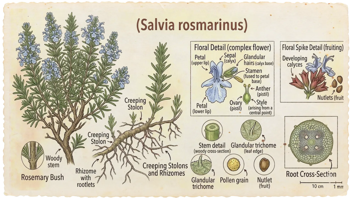 Botanical plate of Rosemary (Salvia rosmarinus)
