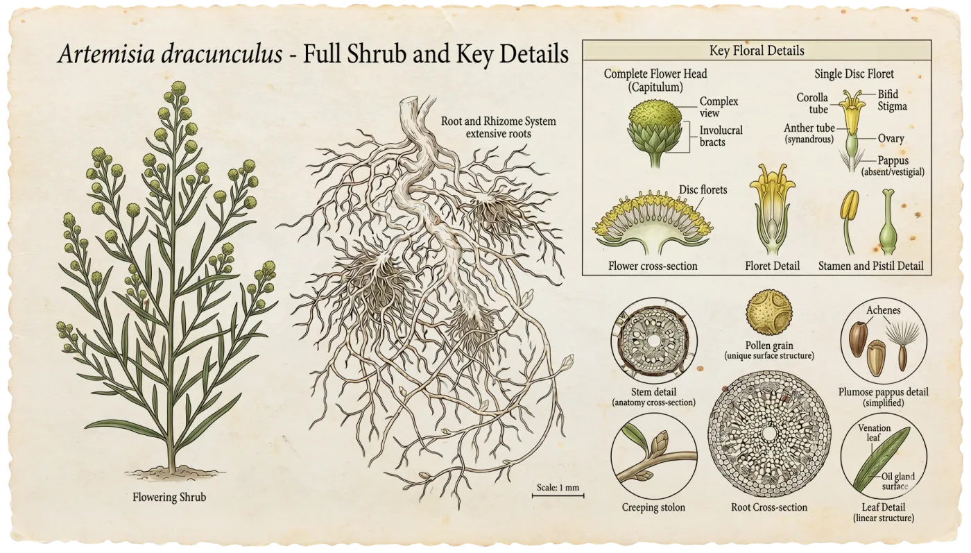 Botanical plate of Tarragon (Artemisia dracunculus)