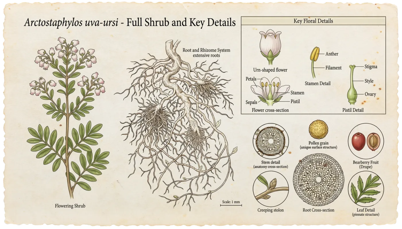 Botanical plate of Uva Ursi (Arctostaphylos uva-ursi)