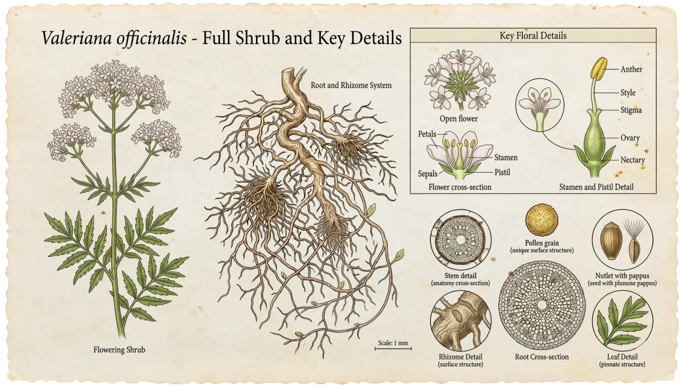 Botanical plate of Valerian (Valeriana officinalis)