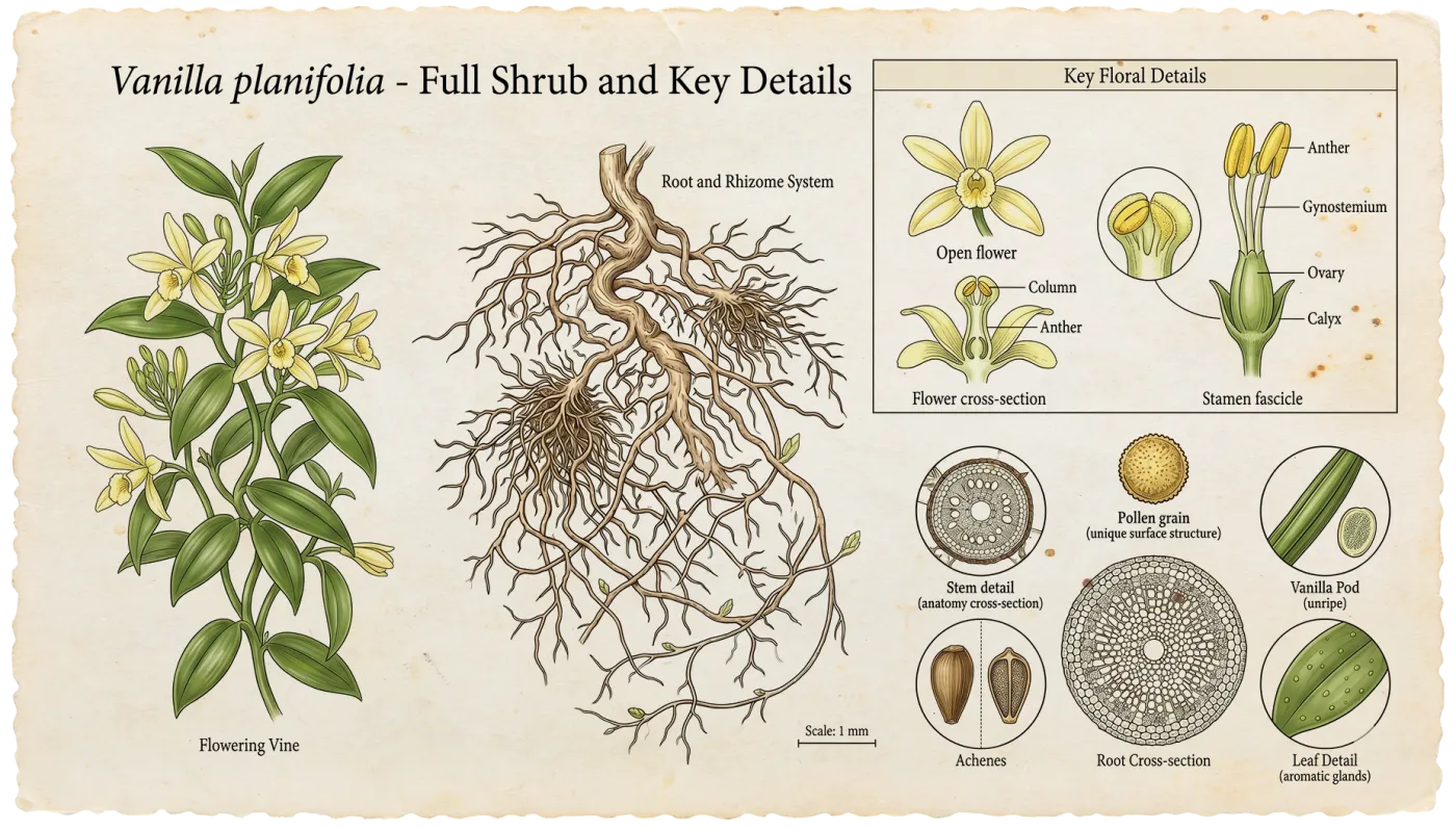 Botanical plate of Vanilla Beans (Vanilla planifolia)